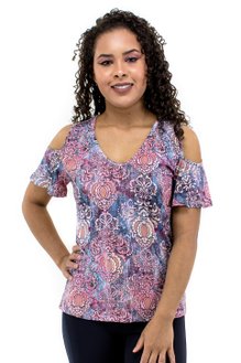 Blusa Manga Curta Viscolycra Estampa Caxemira Roxa