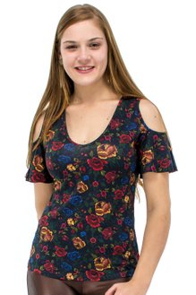 Blusa Manga Curta Viscolycra Floral Grafite