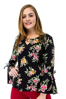 Blusa Manga Flare Estampa Floral Black