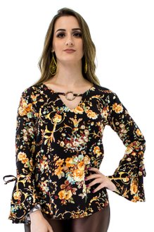 Blusa Manga Flare Estampa Floral Black