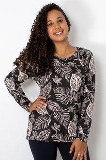 Blusa Manga Longa Meia Túnica Estampa Floral Preto e Branco