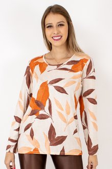 Blusa Manga Longa Meia Túnica Estampa Folhas