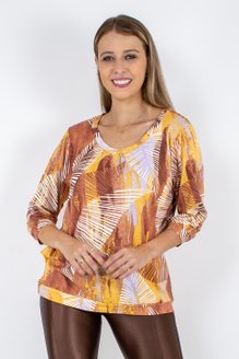 Blusa Marinheiro Manga ¾ em Malha Viscolycra Estampa Abstrata Tons Terrosos