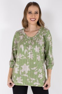 Blusa Marinheiro Manga ¾ em Malha Viscolycra Estampa Floral Verde