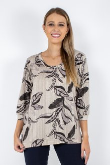 Blusa Marinheiro Manga ¾ em Malha Viscolycra Estampa Folhas