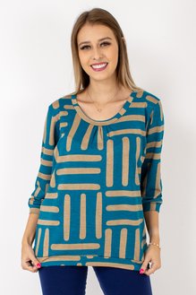 Blusa Marinheiro Manga ¾ em Malha Viscolycra Estampa Geométrica