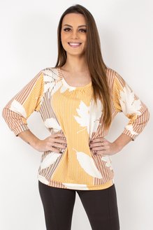 Blusa Marinheiro Manga ¾ em Malha Viscolycra Estampa Listra com Folhas