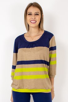 Blusa Marinheiro Manga ¾ Viscolycra Listrado Bege e Azul