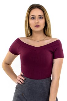 Body Canelado Manga Curta Liso Vinho