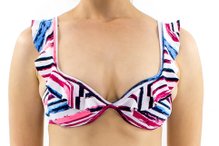 Bustiê Biquíni Bojo Babado Estampa Geométrica Azul e Rosa