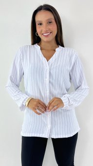 Camisa Feminina Listras Gola de Padre