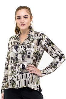 Camisa Manga Longa Laura Estampa Abstrata Cinza