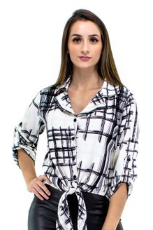 Camisete Cropped Manga 3/4 Estampa Geométrica Branca e Preta