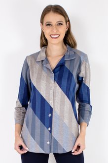 Camisete Dora Manga 7/8 Estampa Listras Azul e Cinza