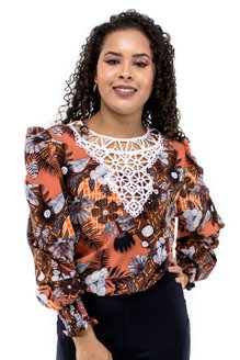 Camisete Manga Longa Bufante Estampa Floral Laranja