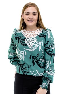 Camisete Manga Longa Bufante Estampa Floral Verde