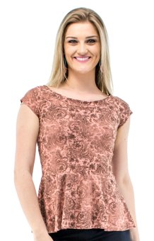 Blusa Manga Curta Daline Camurça Peplum Estampa Floral Salmão
