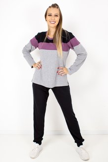 Conjunto Feminino Manga Longa Barra Liso Cinza e Preto