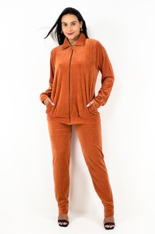 Conjunto Feminino Manga Longa Plush Liso Terracota