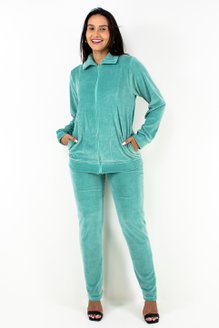 Conjunto Feminino Manga Longa Plush Liso Verde Água