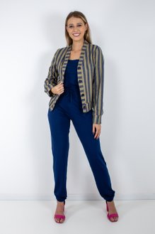 Conjunto Feminino Manga Longa Três Peças Listrado Azul Marinho