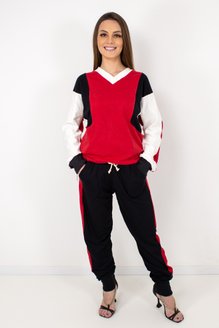 Conjunto Feminino Moletinho Rústico Liso Preto e Vermelho