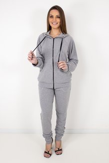 Conjunto Jaqueta Feminino Manga Longa Moletinho Liso Cinza Mescla