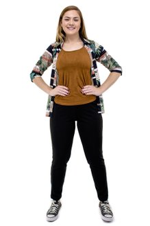 Conjunto Manga 7/8 Crepe Estampado Preto Folhas 3 Peças