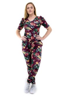 Conjunto Manga Curta Bufante Malha Estampa Floral Bordo