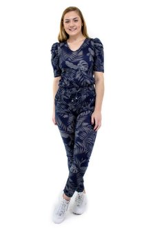 Conjunto Manga Curta Bufante Malha Estampa Folhas Azul Marinho