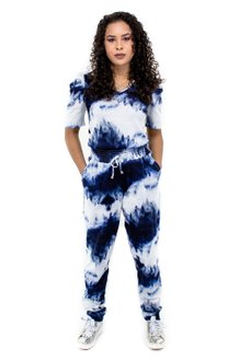 Conjunto Manga Curta Bufante Malha Tie Dy Azul e Branco