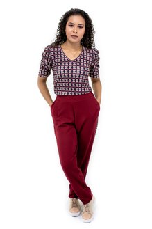 Conjunto Manga Curta Bufante Malha Crepe Estampado Xadrez Bordo