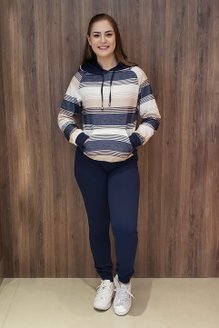 Conjunto Moletin Capuz Manga Longa Estampa Listras Azul Marinho e Nude