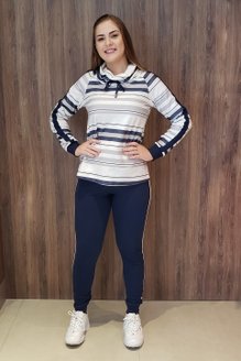 Conjunto Moletin Gola Manga Longa Estampa Listras Azul Marinho e Branco