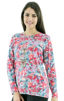 Blusa Manga Longa Meia Túnica Viscolycra Estampa Floral Rosa