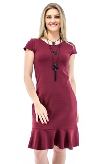 Vestido Peplum Manga Curta Jacquard Liso Bordô