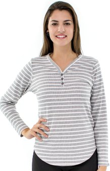 Blusa Manga Longa Meia Túnica Ritalina Estampa Listras Cinza e Branco