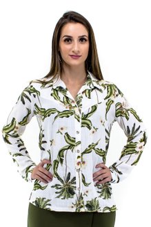 Camisa Manga Longa Laura Estampa Floral Branca