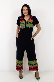 Macacão Feminino Pantacourt Barrado Preto com Estampa Geométrica