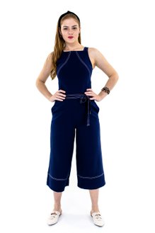 Macacão Jardineira Pantacourt Liso Azul Marinho