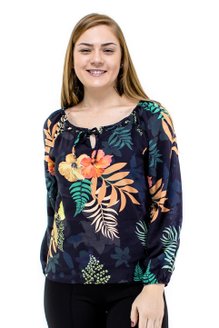 Tuniquete Cigana Manga Longa Ilhós Tecido Estampa Folhas Azul