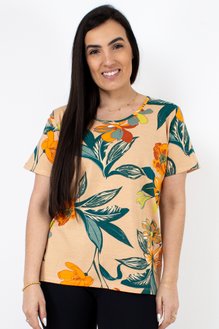 Tuniquete Manga Curta Viscolycra Estampa Floral Laranja