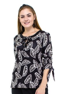 Tuniquete Manga Longa Ilhós Estampa Folhas Preta