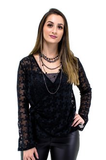 Tuniquete Manga Longa Transpassada Renda Preta