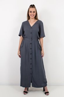 Vestido Chemise Feminino Longo Liso Cinza