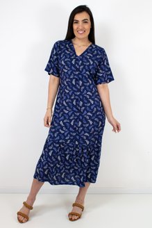 Vestido Feminino Chemise Babado Estampado Azul com Folhas