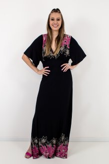 Vestido Feminino Kaftan Barrado Liso Preto Estampa Floral
