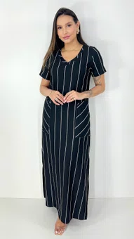 Vestido Feminino Longo Camisetão Manga Curta Listrado Preto e Branco