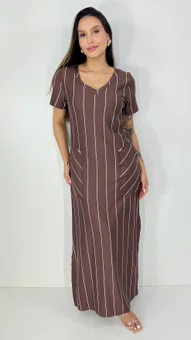 Vestido Feminino Longo Camisetão Manga Curta Marrom com Listras Brancas