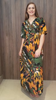 Vestido Longo Cafta Manga Curta Jersey Estampa Abstrata